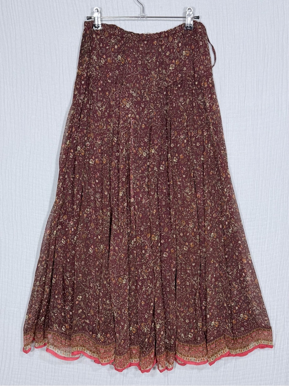 🌻 Lucky Brand Floral Boho Maxi Skirt Burgundy Rayon Size S - Picture 2 of 7